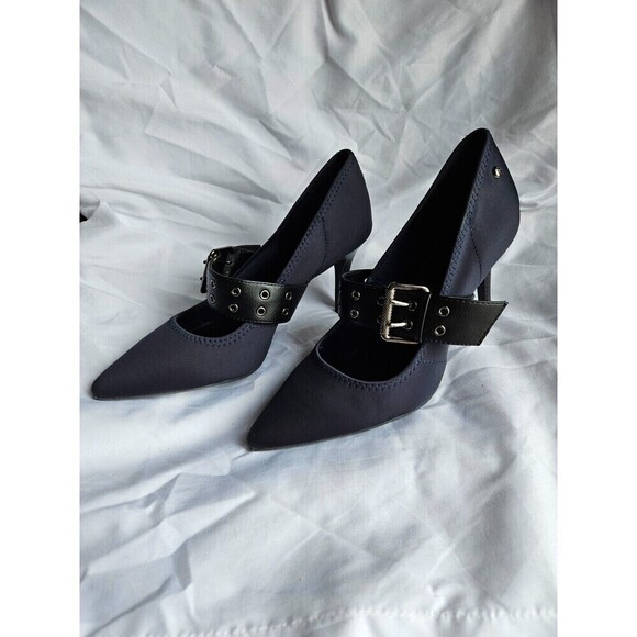 Y2K Vera Wang Pointed Toe Kitten Heels 7 1/2 M Strap On Navy & Black - Picture 1 of 7
